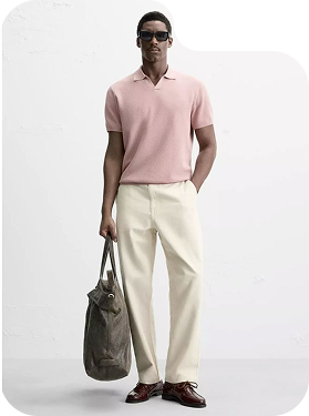Model wearing a pink shirt